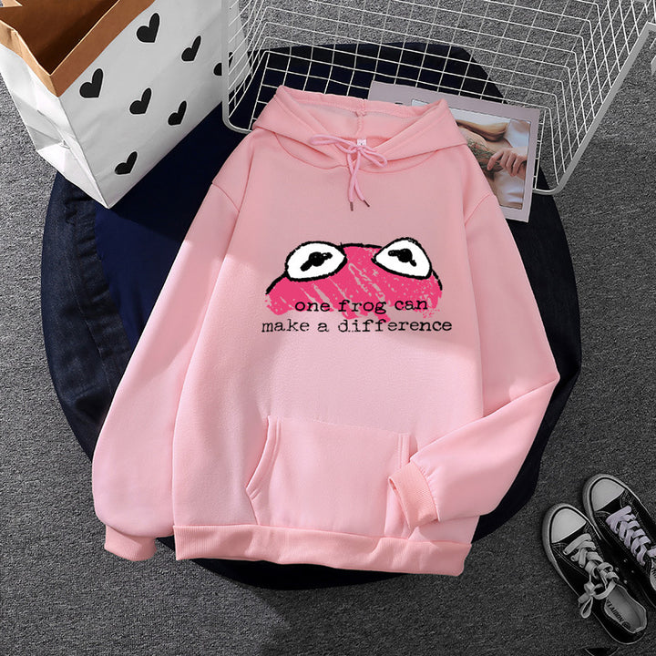 Women's relaxed-fit hoodie with stamped frog graphic, kangaroo pocket and drawstring Mune Fashion