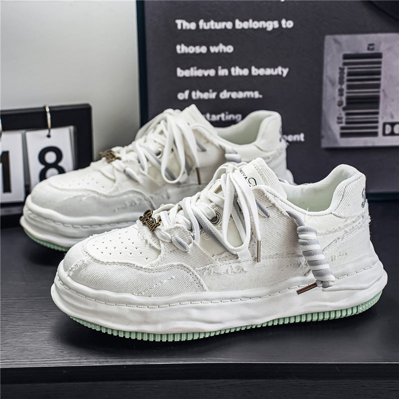 Women's denim platform sneaker with contrast stitching, padded wave sole and embellished lacing details Mune Fashion