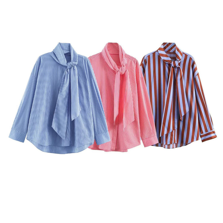 Women's Striped Blouse with Bow Collar and Oversized Cut Mune Fashion