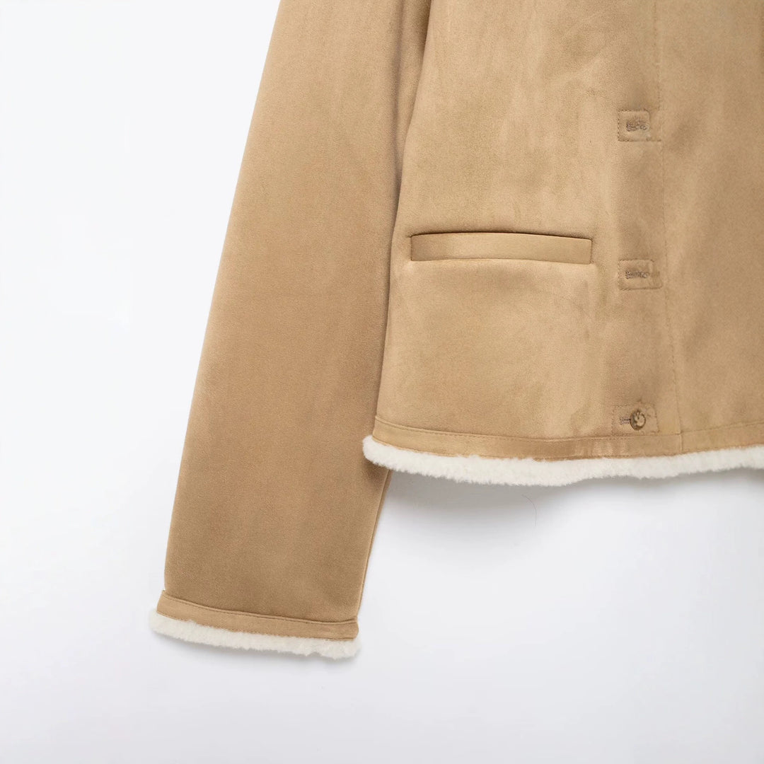Women's Short Lambskin Look Cardigan Jacket made of Velour Imitation with Round Neck and Snap Buttons Mune Fashion