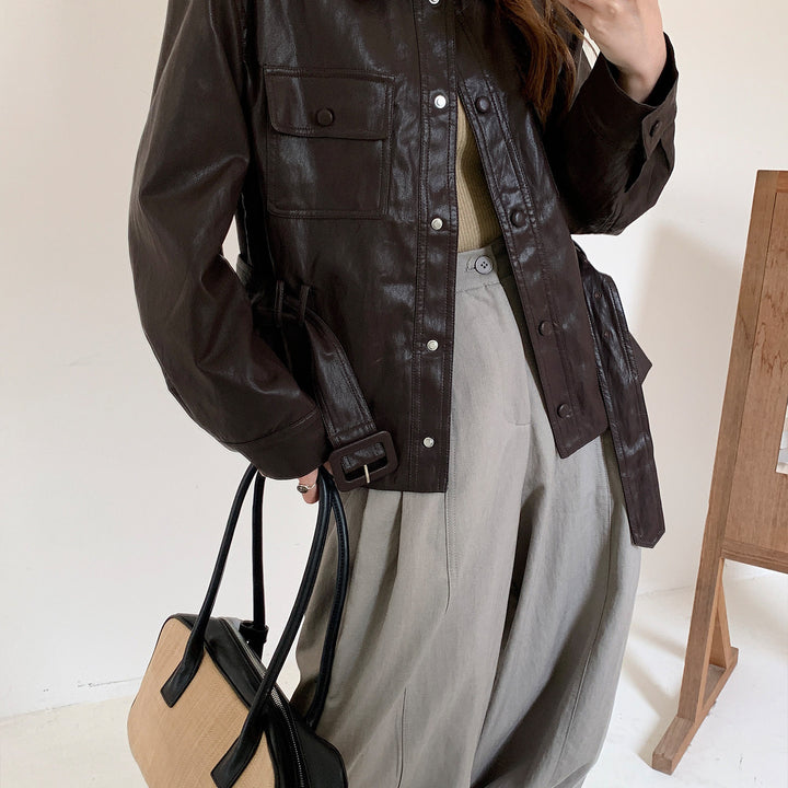 Women's Short Oversized Leather Jacket with Waist Drawstring and Snap Button Placket Mune Fashion