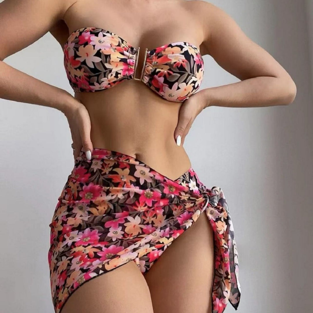 Women's bikini set with elegant bandeau top and floral wrap skirt Mune Fashion