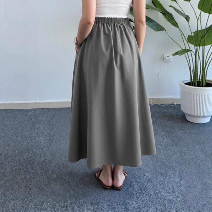 Women's Flowing Midi Skirt with High Smocked Waistband, Ties and Pockets Mune Fashion