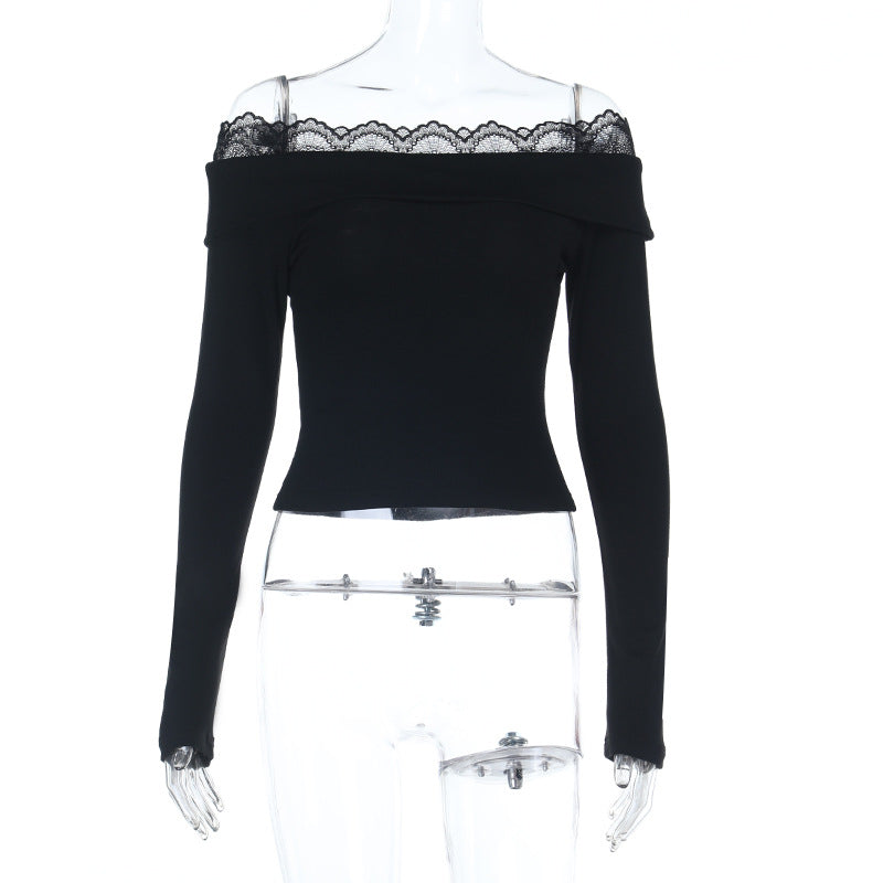 Women's Off-Shoulder Long Sleeve Top with Lace Trim and Fitted Silhouette Mune Fashion