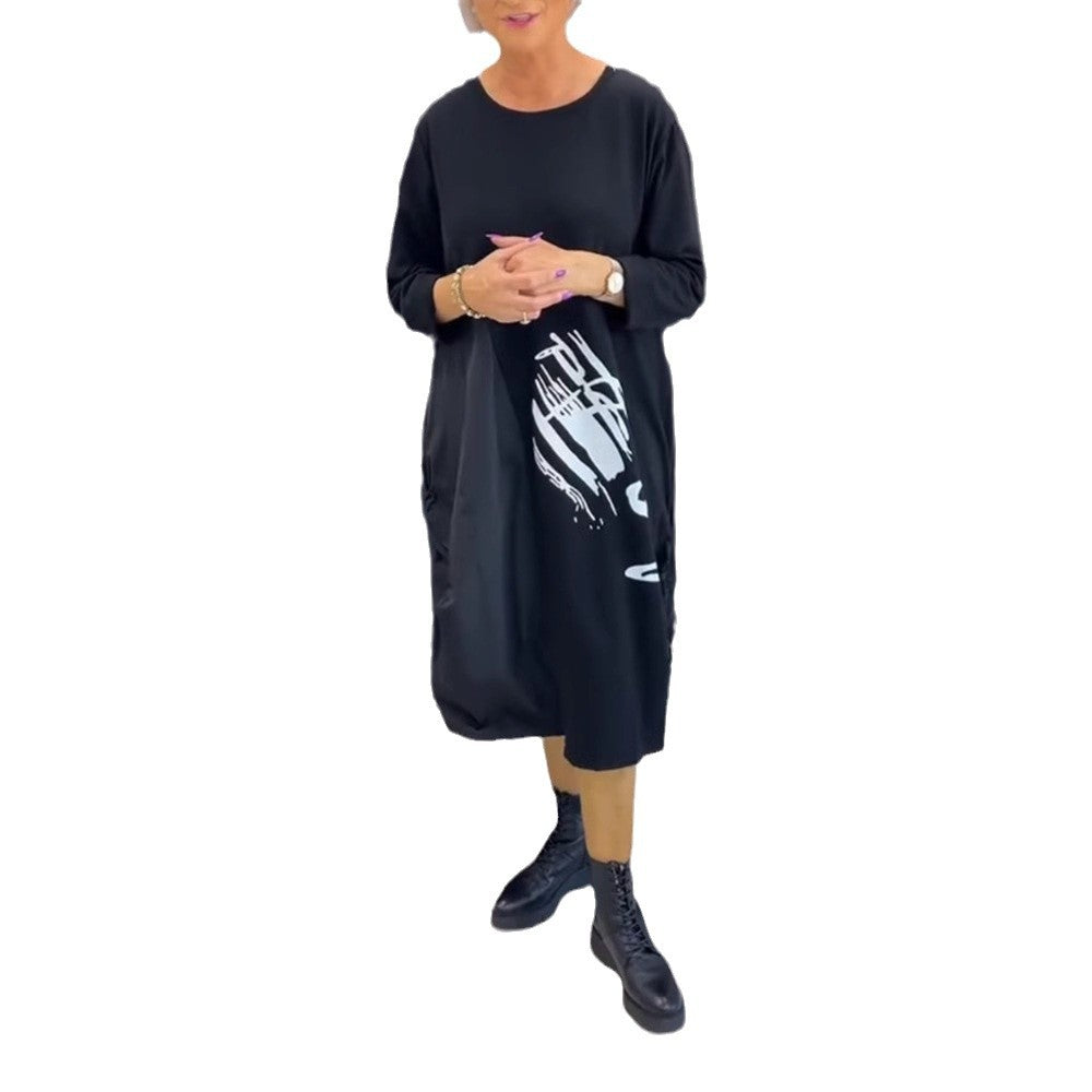 Women's casual jersey dress with side drawstring gathering, patch pockets and statement print Mune Fashion