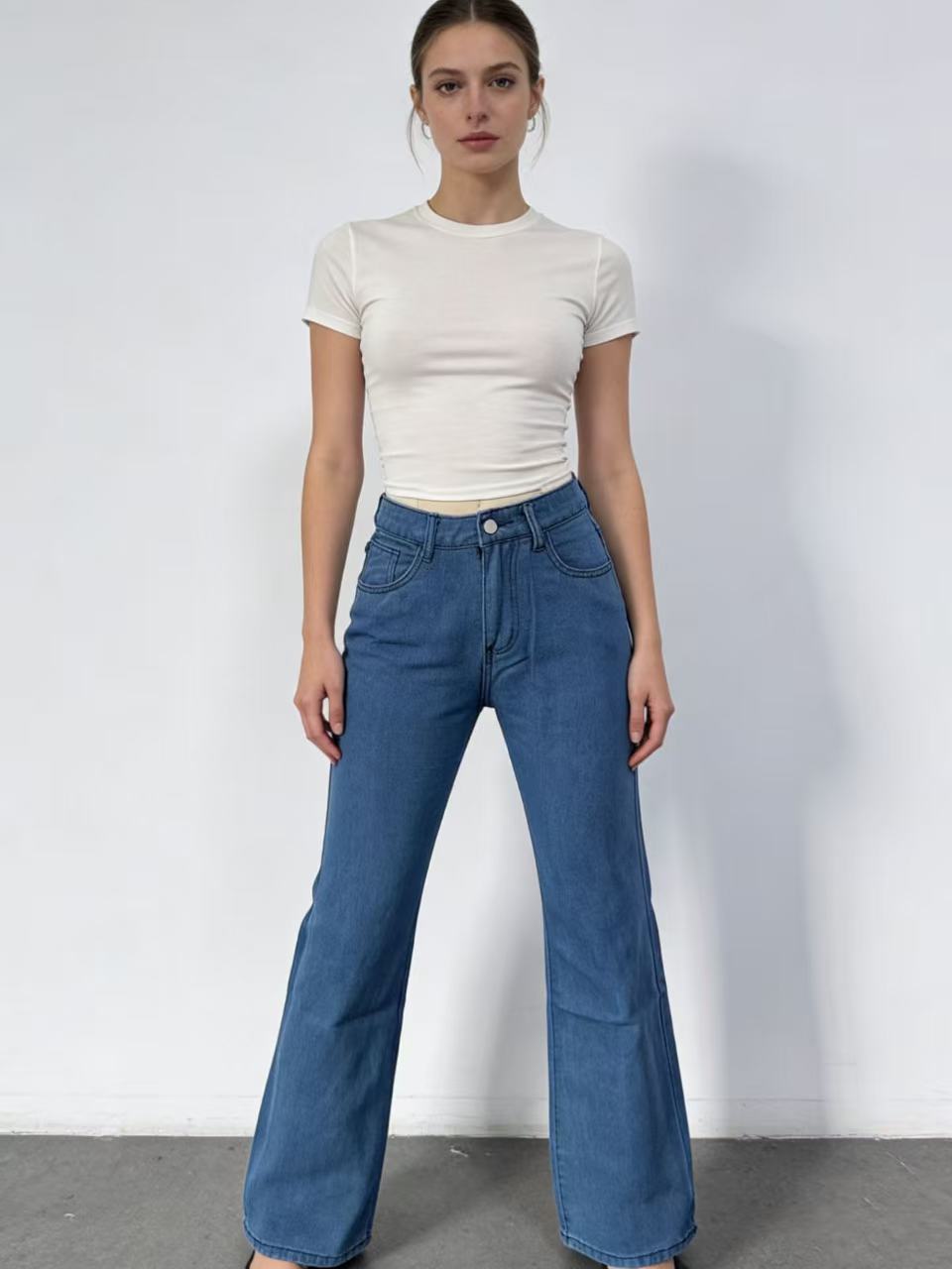 Ladies high-waisted soft draping flare jeans made of stretch denim with a figure-flattering fit Mune Fashion