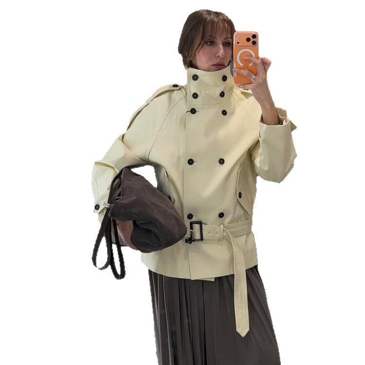 Women Short Double-Breasted Trench Jacket with High Standing Collar and Waist Belt Mune Fashion