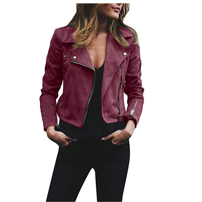 Women's tailored biker jacket made of suede imitation with asymmetrical zipper and zip sleeves Mune Fashion