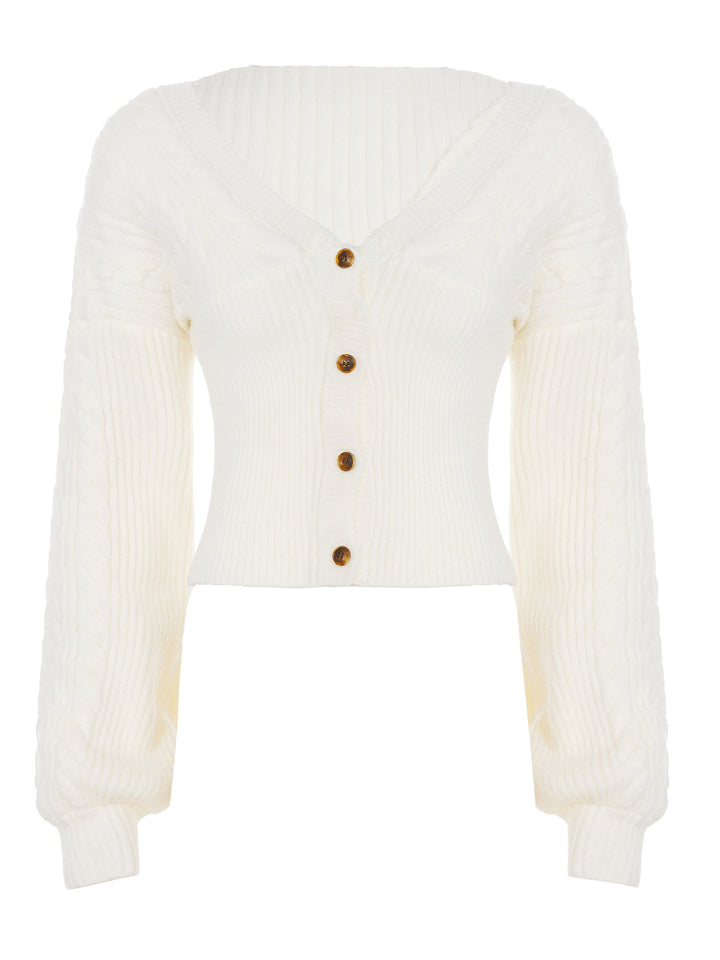Ladies tailored knit cardigan with V-neck, cable pattern sleeves and decorative wooden buttons Mune Fashion