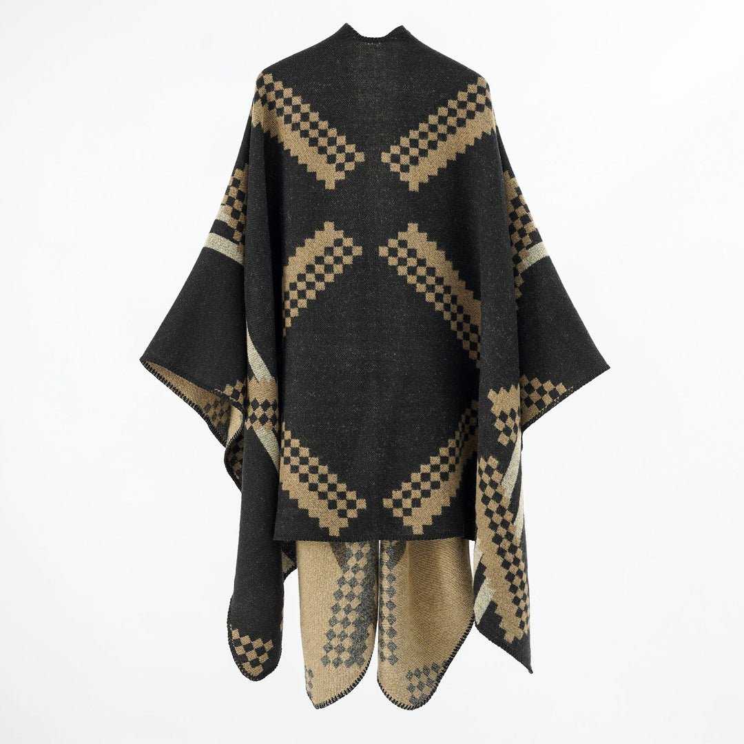 Women's Oversized Poncho Cape made of Wool Blend with Geometric Jacquard and Decorative Stitching Mune Fashion