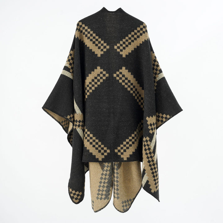 Women's Oversized Poncho Cape made of Wool Blend with Geometric Jacquard and Decorative Stitching Mune Fashion