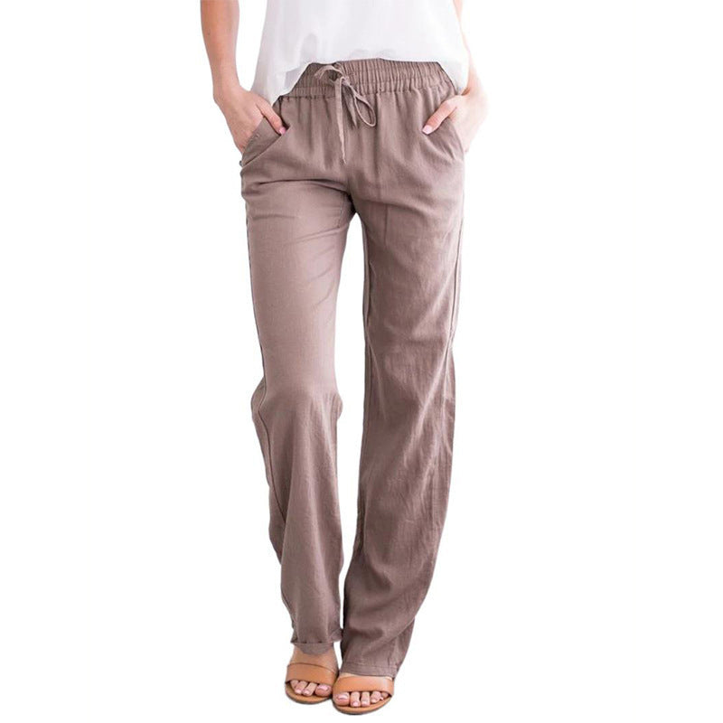 Women Light Linen Look Palazzo Pants with Elastic Waist, Drawstring and Side Pockets Mune Fashion