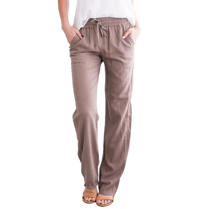 Women Light Linen Look Palazzo Pants with Elastic Waist, Drawstring and Side Pockets Mune Fashion