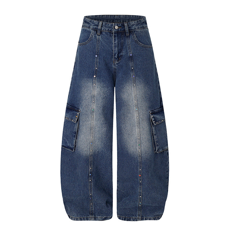 Women's Extra Wide Cargo Palazzo Jeans with High Waist, Patch Pockets, and Rhinestone Trim Mune Fashion