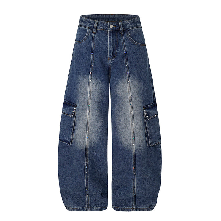 Women's Extra Wide Cargo Palazzo Jeans with High Waist, Patch Pockets, and Rhinestone Trim Mune Fashion