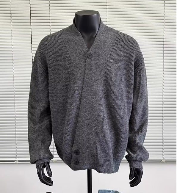 Men's chunky knit cardigan in oversized cut with shawl collar and asymmetrical 3-button placket Mune Fashion
