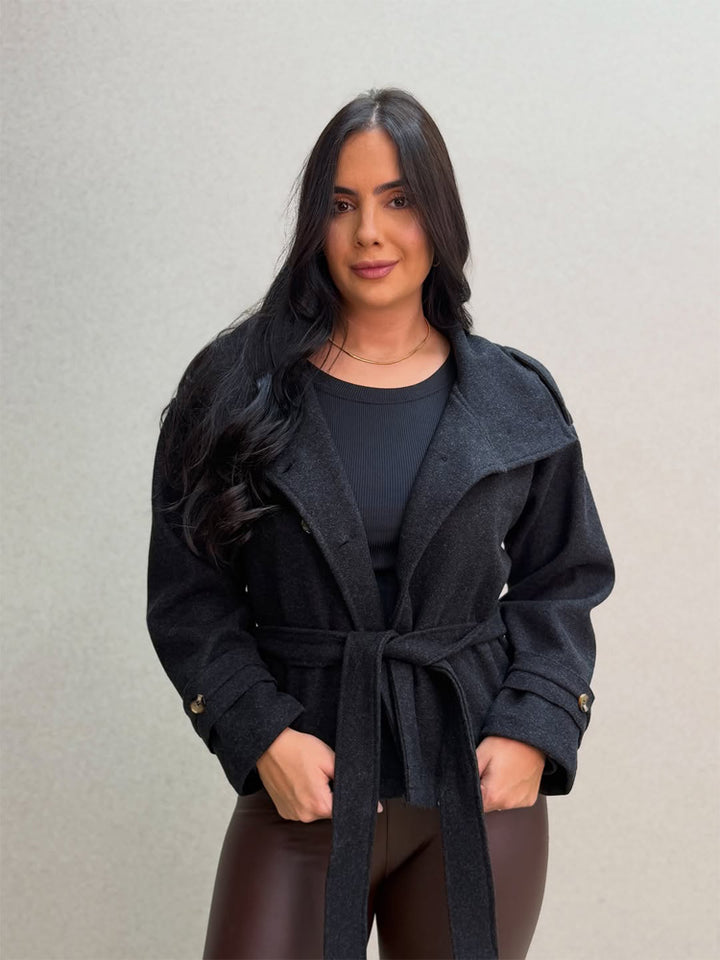 Women Short Double-Breasted Coat with Stand Collar and Tied Belt Mune Fashion