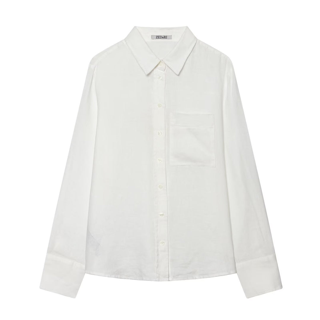 Women Oversized Shirt Blouse in Linen Look with Chest Pocket and Cuffs Mune Fashion