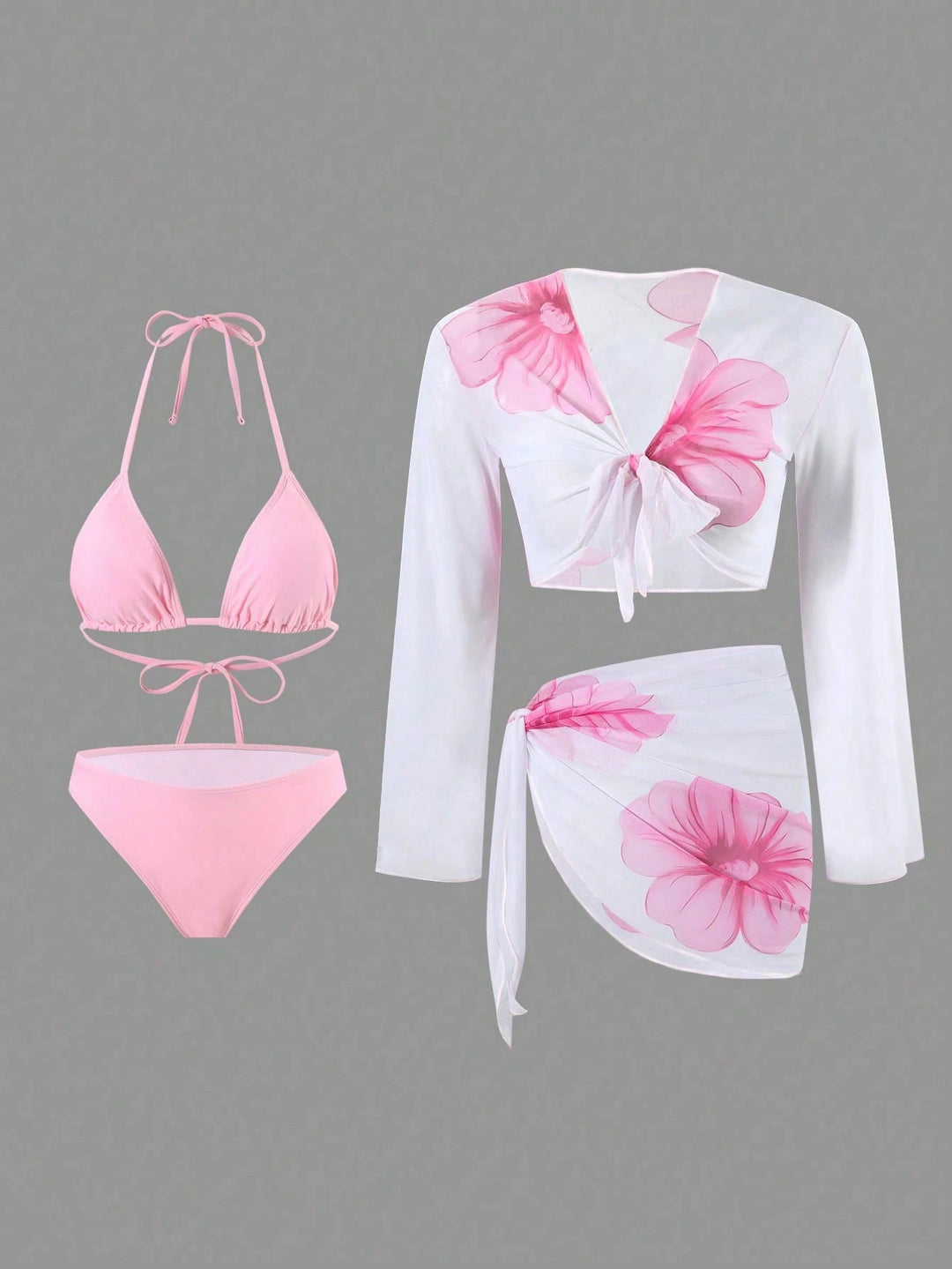 Women's bikini set with floral wrap cloth and long-sleeved top Mune Fashion