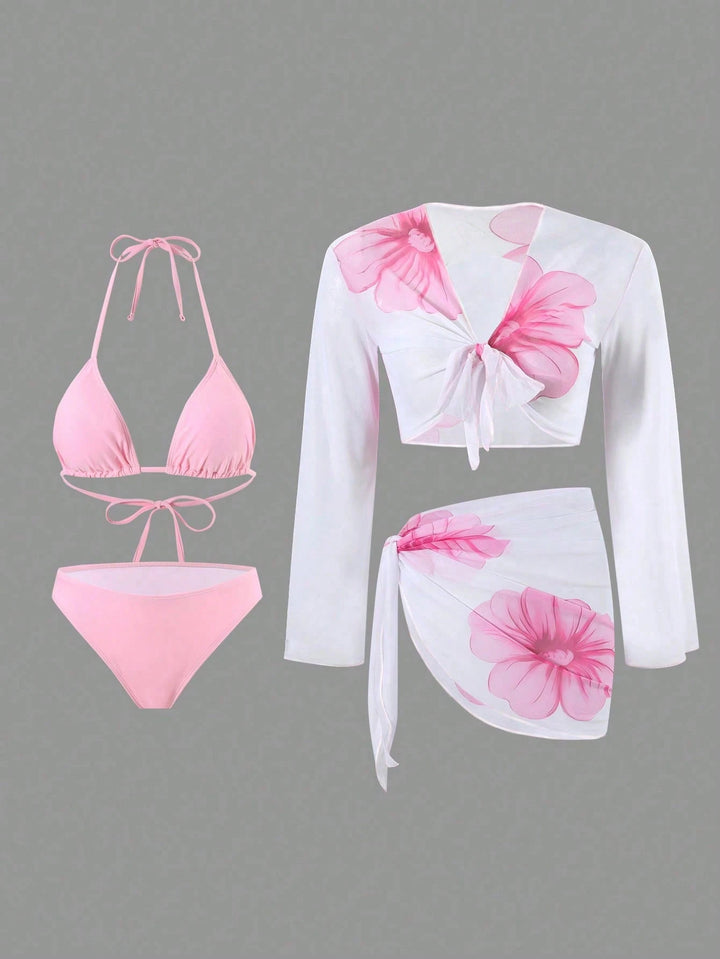 Women's bikini set with floral wrap cloth and long-sleeved top Mune Fashion