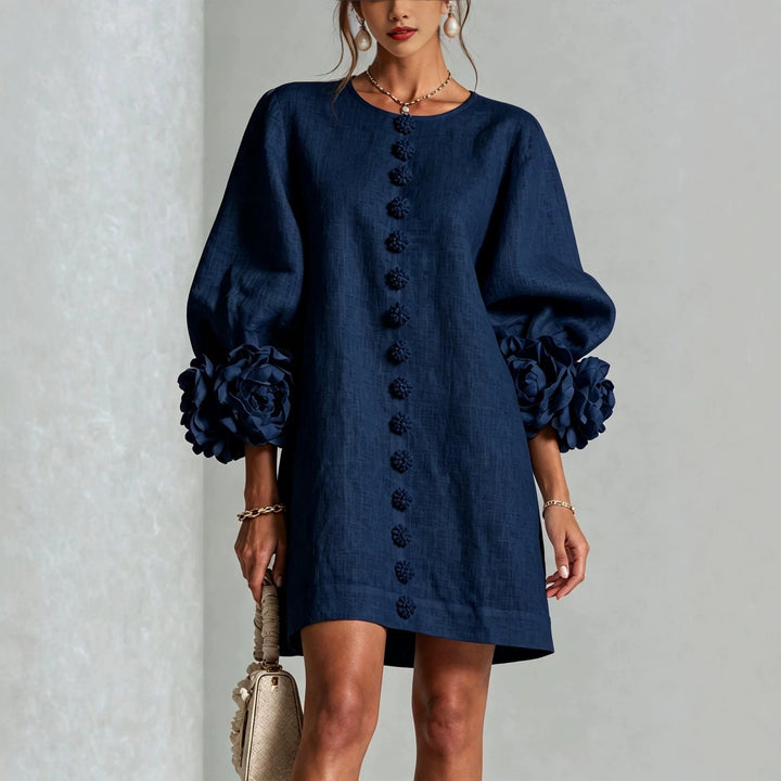 Women’s Short-Cut Linen Dress with 3D Flower Sleeves and Center Button Placket Mune Fashion