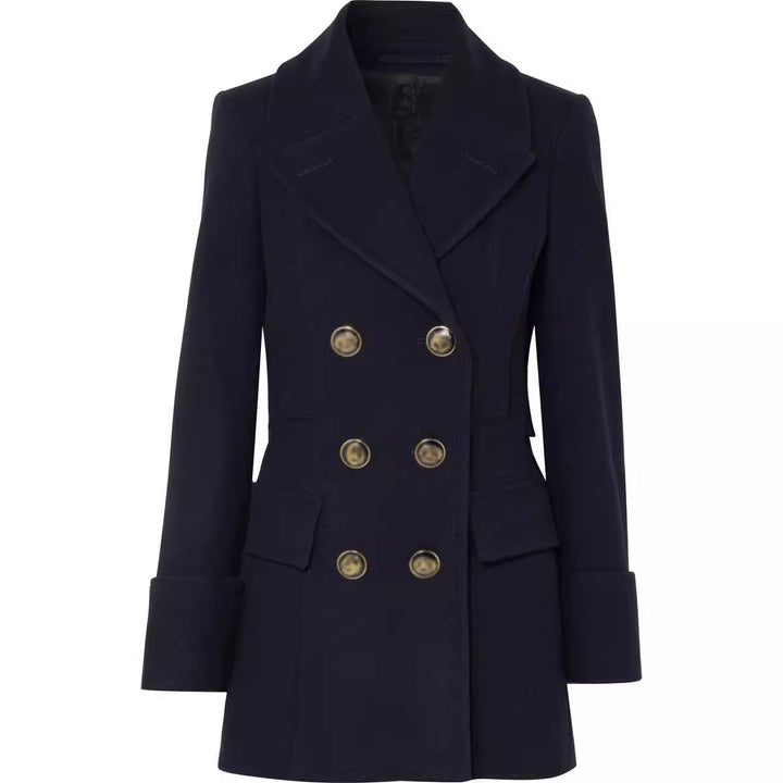 Women Elegant tailored midi-length double-breasted blazer coat with distinctive shoulder and decorative round buttons Mune Fashion