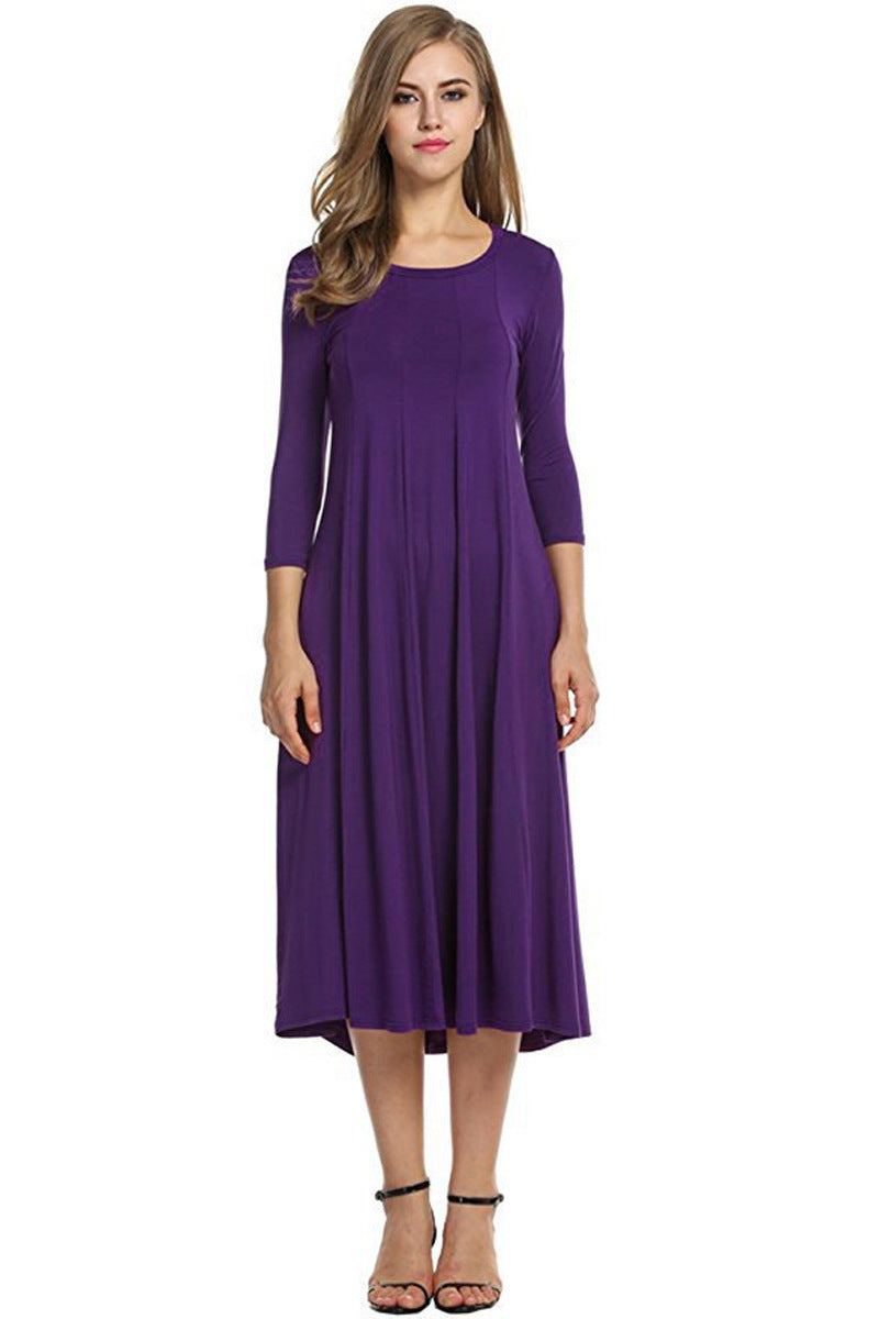 Women's Long A-Line Midi Dress made of Stretch Jersey with Three-Quarter Sleeves and Side Pockets Mune Fashion