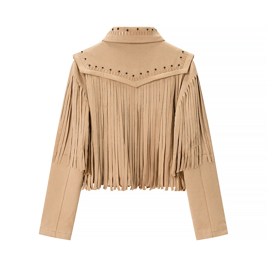 Women's short fringed jacket made of suede look with zipper and studded embellishment Mune Fashion