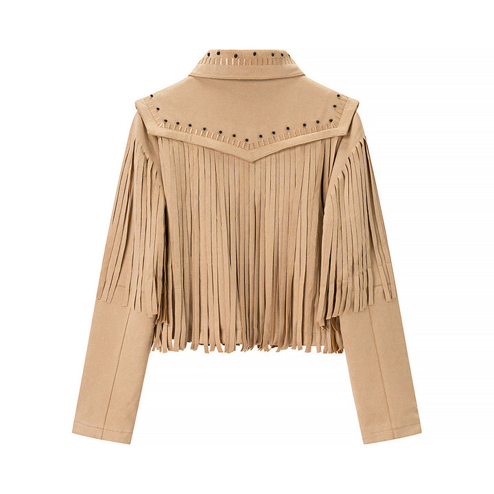 Women's short fringed jacket made of suede look with zipper and studded embellishment Mune Fashion