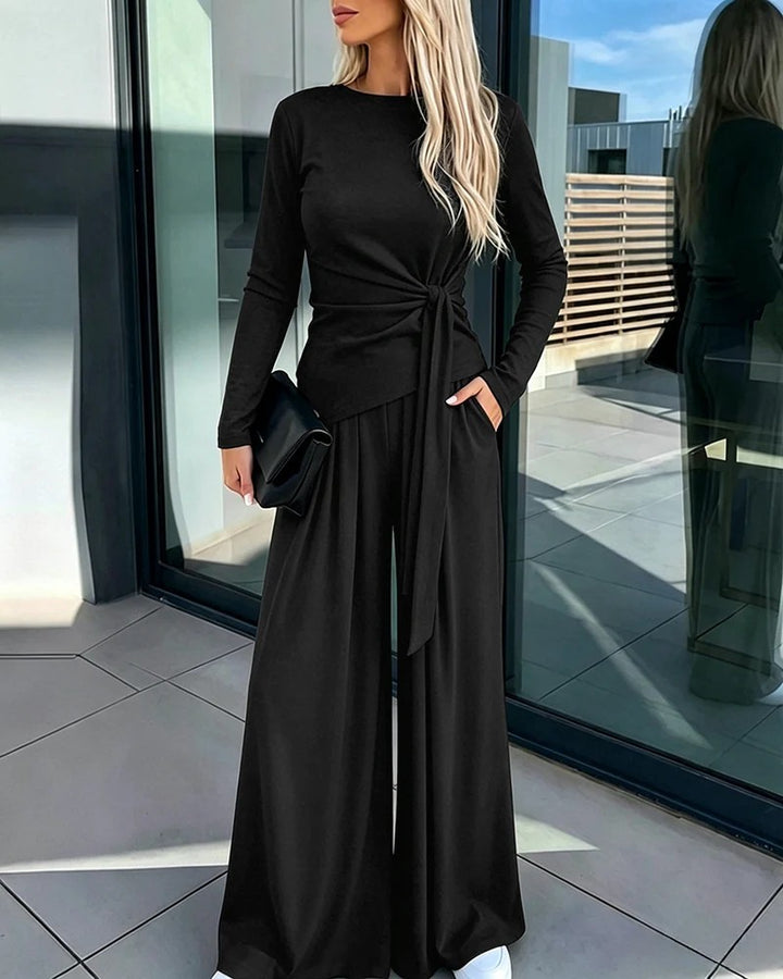 Women Elegant Wrap Top with Wide Pants Mune Fashion