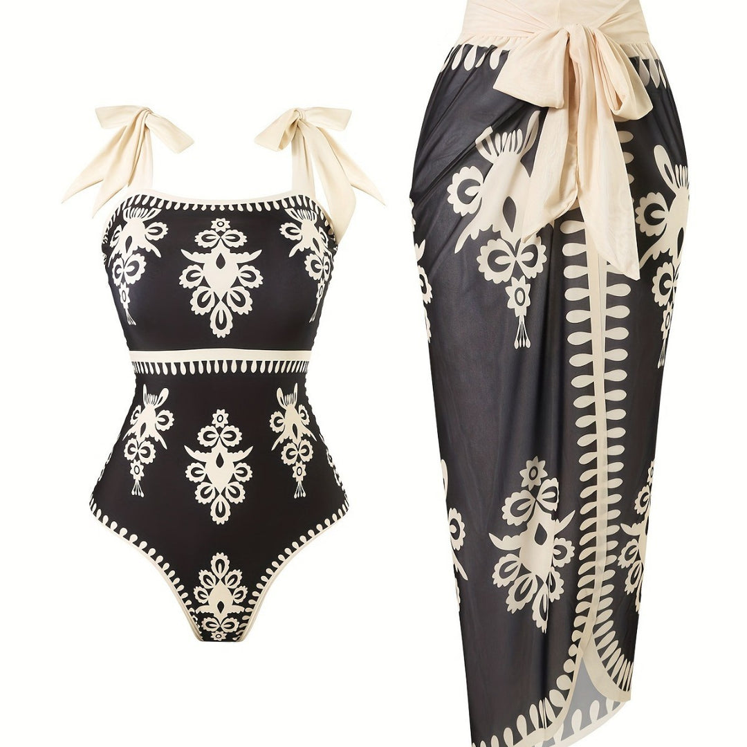 Women elegant swimsuit with adjustable straps and fashionable wrap skirt Mune Fashion