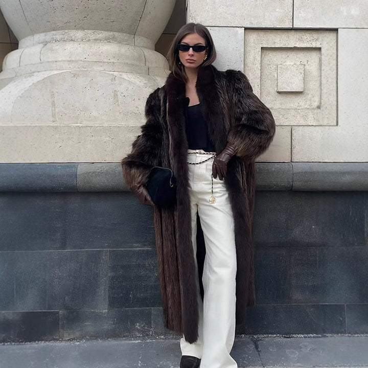 Women Luxurious Long Fur Coat with Wide Collar and Voluminous Sleeves Mune Fashion