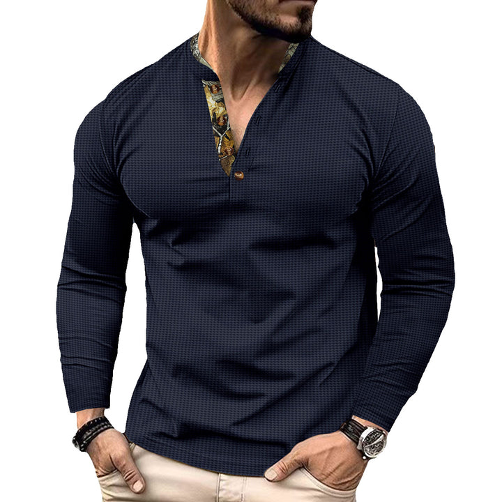Men's long-sleeved Henley shirt with stand-up collar and patterned button placket trim Mune Fashion