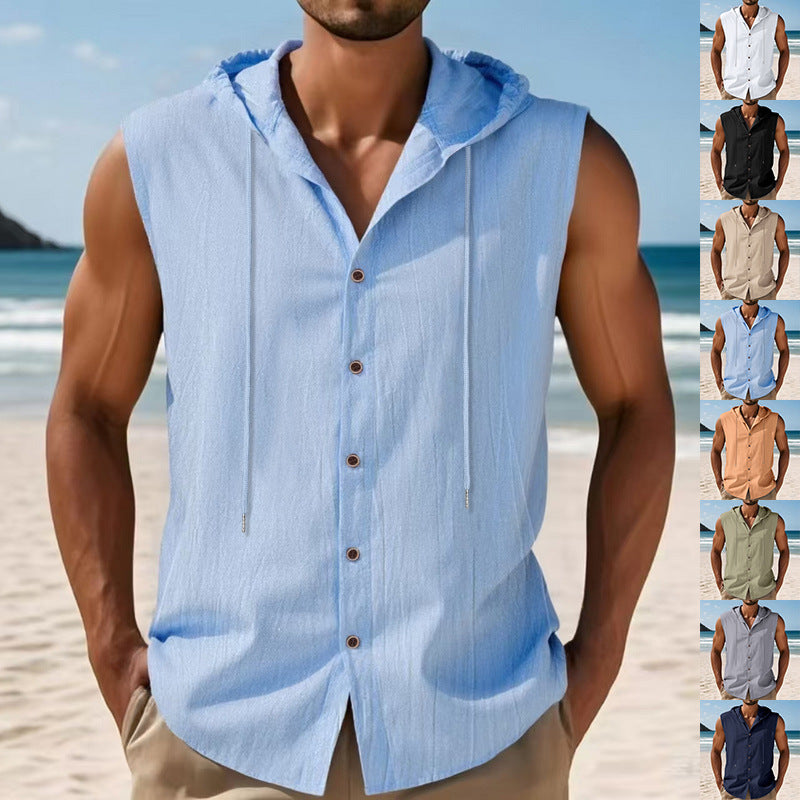 Men's sleeveless hooded shirt in linen look with wooden button placket Mune Fashion