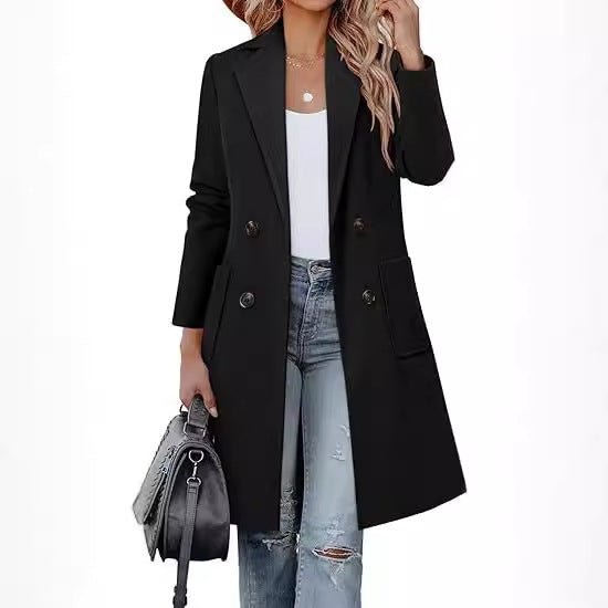 Women's Double-Breasted Long Blazer Coat with Patch Pockets and Tailored Silhouette Drune