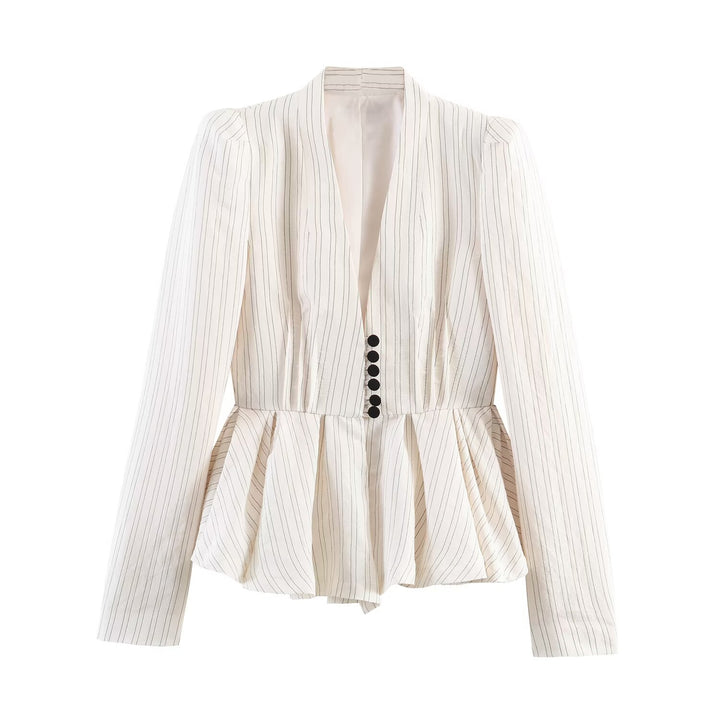 Women Tailored Blazer Jacket with Deep V-Neck, Peplum and Decorative Button Placket Mune Fashion