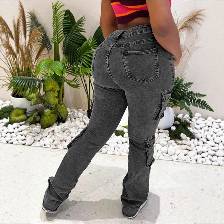 Women High-Cut Cargo Jeans with Multiple Flap Pockets and Frayed Hem Mune Fashion