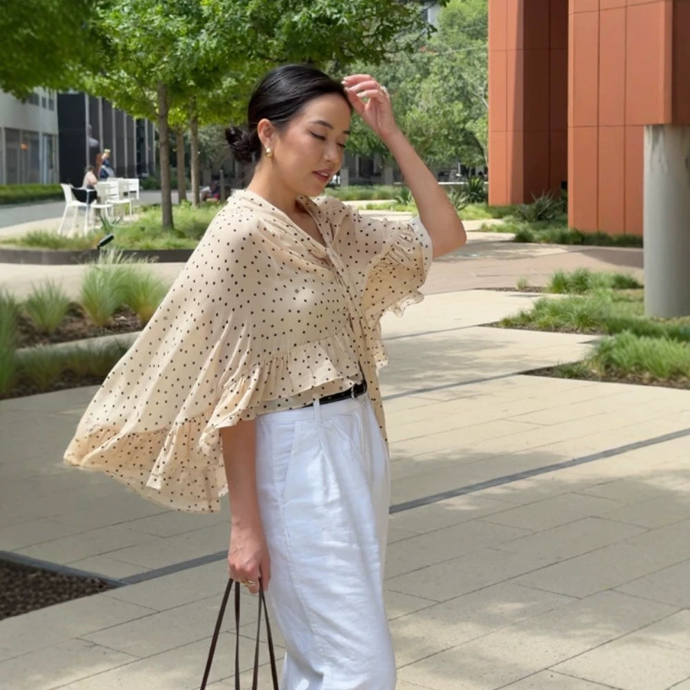Women’s transparent polka dot chiffon cropped blouse with tie band, ruffles and cape cut Mune Fashion