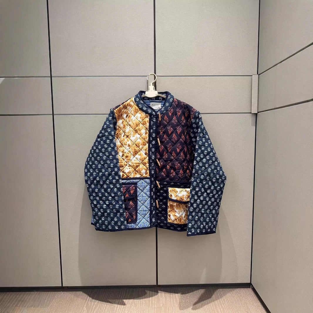 Women Padded Patchwork Quilted Jacket with Toggle Closures and Patch Pockets Mune Fashion