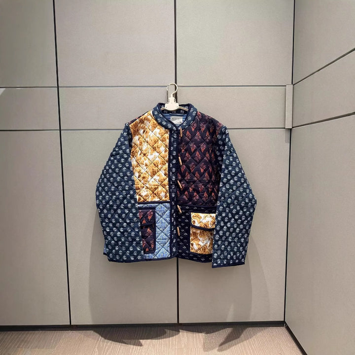 Women Padded Patchwork Quilted Jacket with Toggle Closures and Patch Pockets Mune Fashion
