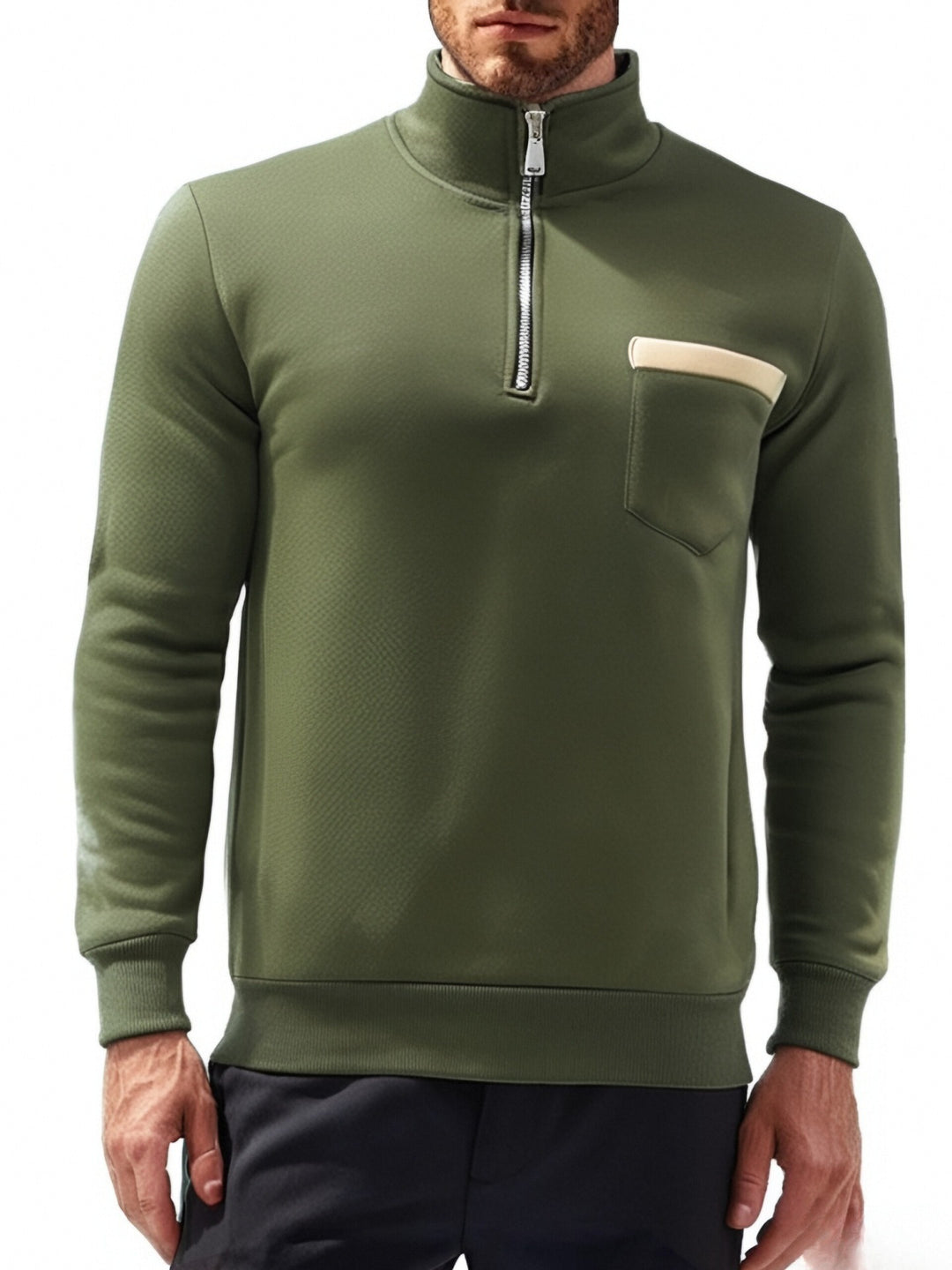 Men's finely structured half-zip fine knit pullover with stand-up collar, chest pocket, and slim silhouette Mune Fashion