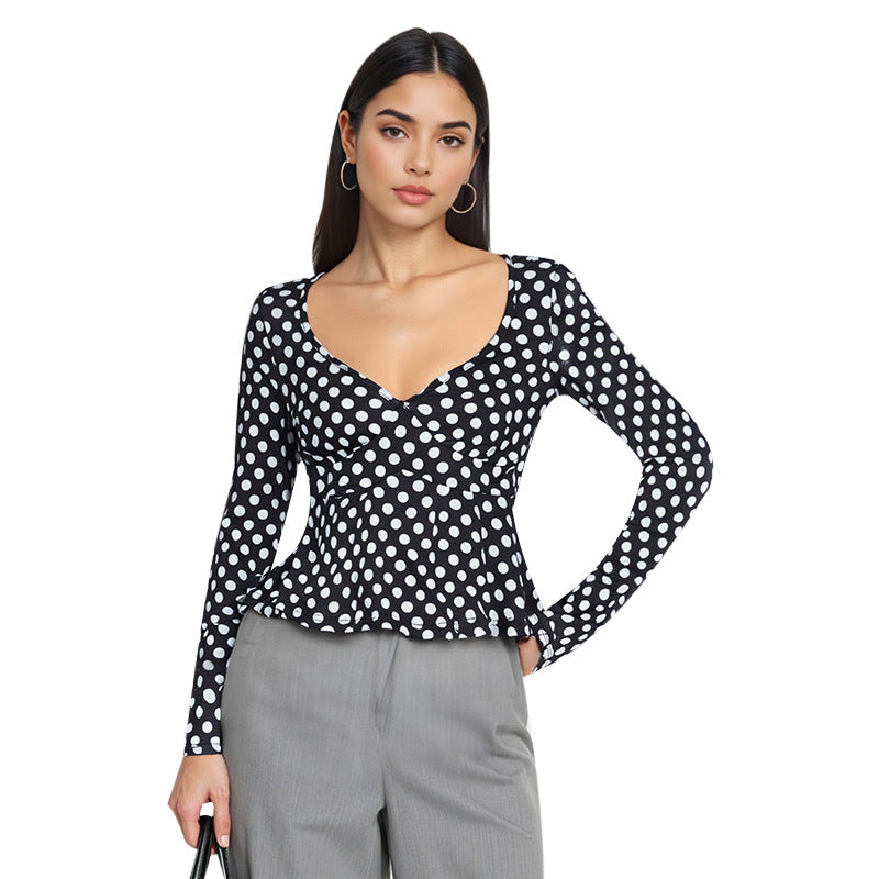 Women's long-sleeve top with polka dot pattern, fitted peplum and heart-shaped neckline Mune Fashion