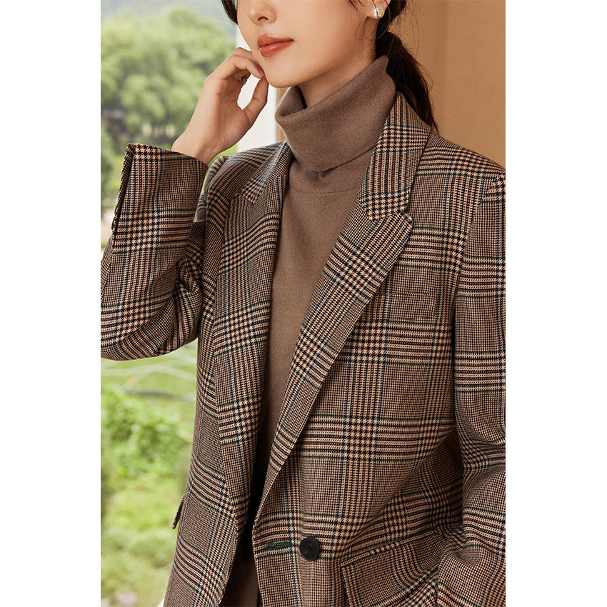 Women's Glencheck Oversize Blazer with Structured Shoulder and Patch Pockets Mune Fashion