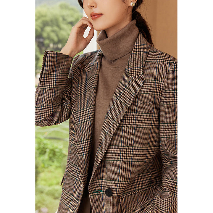 Women's Glencheck Oversize Blazer with Structured Shoulder and Patch Pockets Mune Fashion