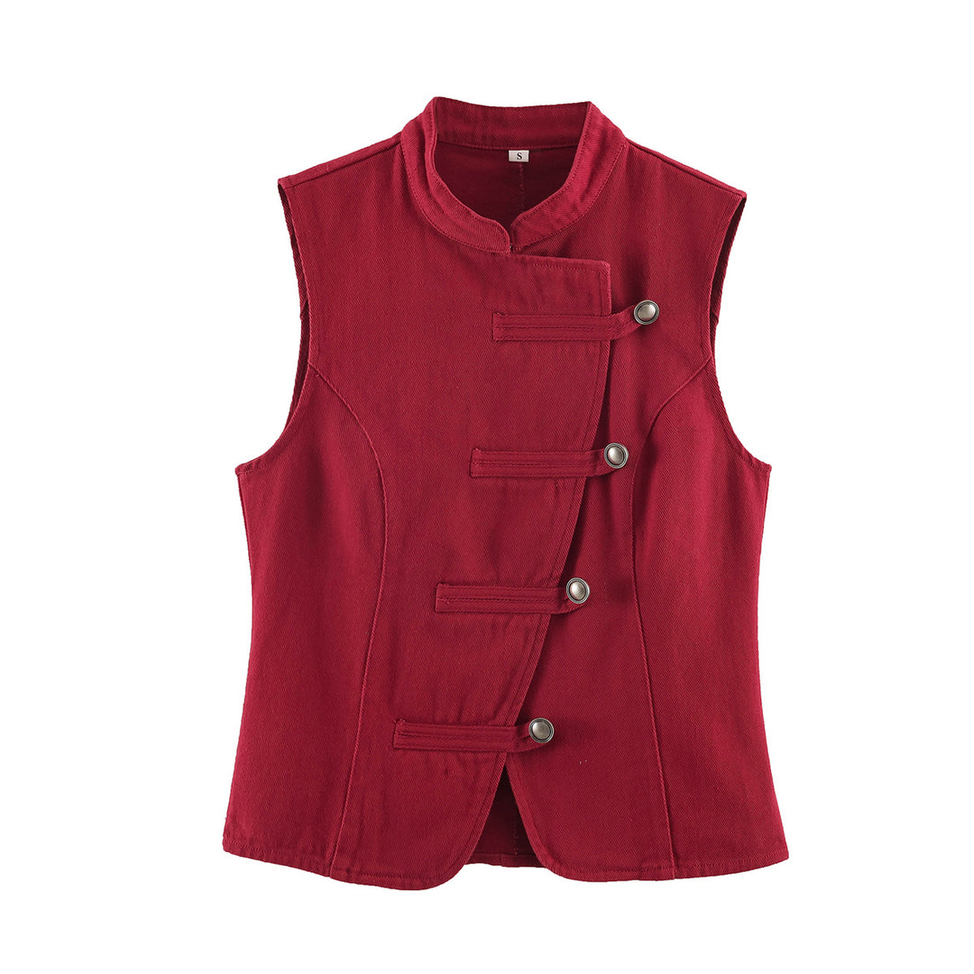 Women Tailored Vest with Mandarin Collar and Asymmetrical Loop Hook Closure Mune Fashion