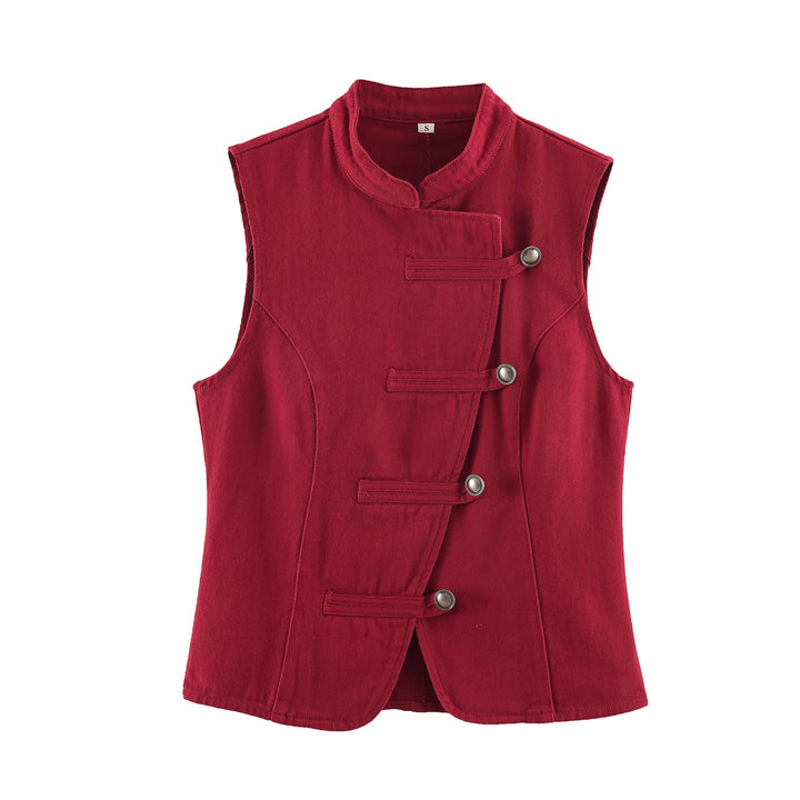 Women Tailored Vest with Mandarin Collar and Asymmetrical Loop Hook Closure Mune Fashion