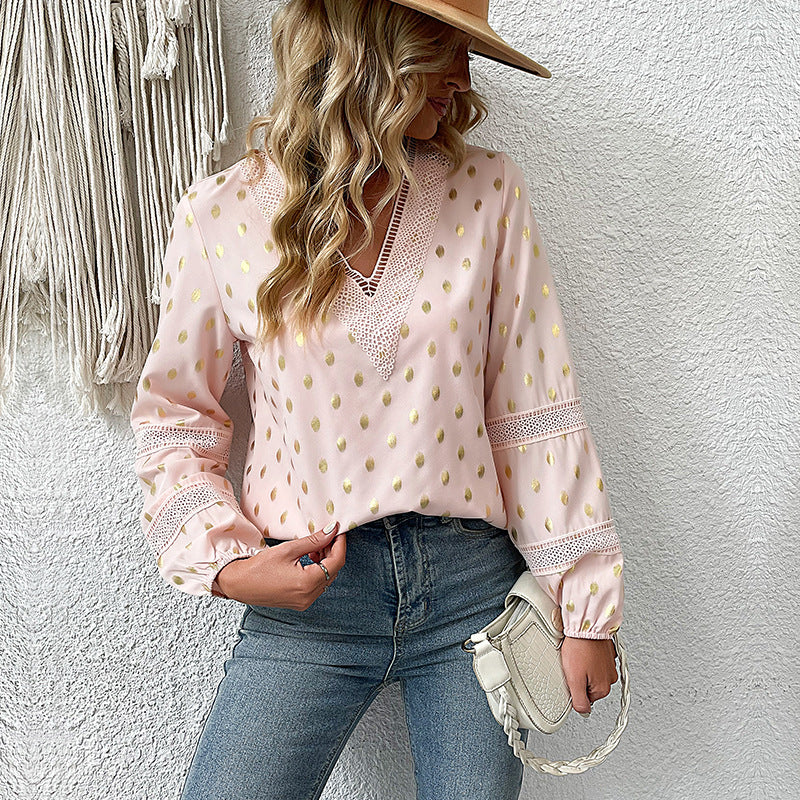 Women's Lightweight Chiffon Blouse with V-Neck, Lace Trim and Metallic Dots Mune Fashion