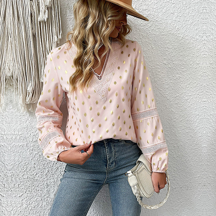 Women's Lightweight Chiffon Blouse with V-Neck, Lace Trim and Metallic Dots Mune Fashion