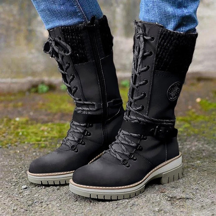 Women nan padded lace-up boots with knitted shaft, decorative buckle strap, and patterned rubber sole Mune Fashion