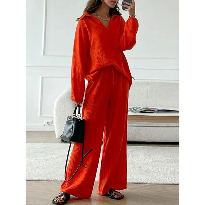 Women's Lightweight Crinkle Lounge Set with V-Neck and Wide High-Waist Pants Mune Fashion